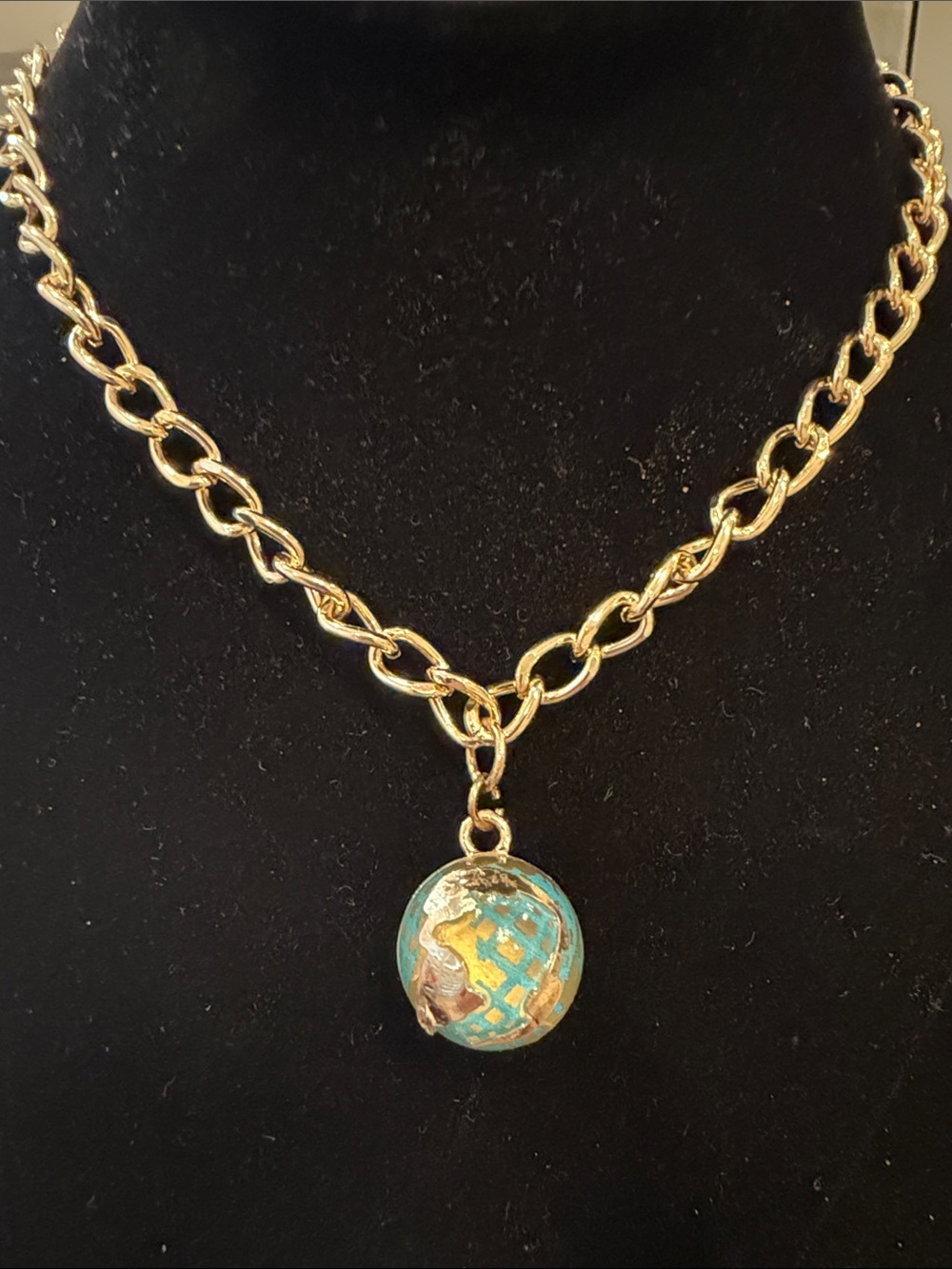Gold Chain Necklace with Turquoise Enamel Globe Pendant